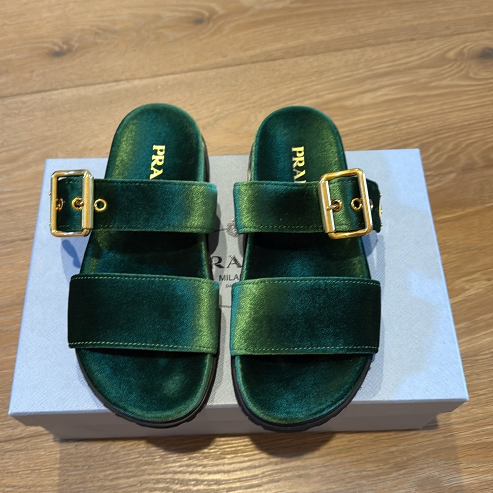 Prada Green Velvet Slide Sandals - Picture 2 of 11
